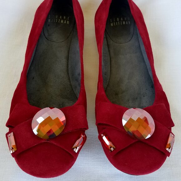 Stuart Weitzman Shoes - Stuart Weitzman Red Suede Leather Ballet Flats Gem Jewel Made in Spain Size 5.5M